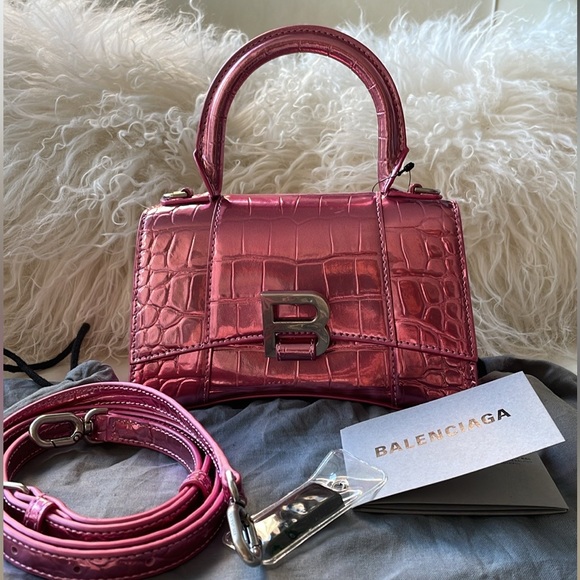 ❌SOLD❌Balenciaga Hourglass Pink Metallic Calfskin Croc Embossed Bag XS BRAND NEW - Picture 9 of 11
